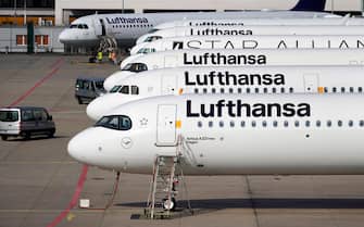 epa10093435 Airplanes of Lufthansa on a tarmac during a warn strike of the ground staff of German airline Lufthansa at the international airport in Frankfurt am Main, Germany, 27 July 2022. The trade union Ver.di called on around 20,000 ground staff nationwide to stage a one-day warning strike on Wednesday 27 July over pay negotiations. Lufthansa had to cancelled more than 1000 flights from their main hubs in Frankfurt and Munich.  EPA/RONALD WITTEK