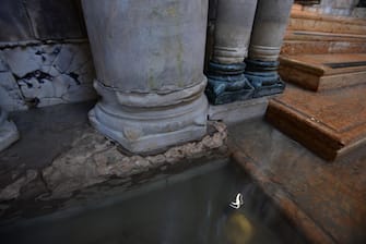 A detail of the base of a column of the narthex of the Basilica of San Marco, damaged by bad weather in Venice, northern Italy, 13 November 2019. A wave of bad weather has hit much of Italy on 12 November. Levels of 100-120cm above sea level are fairly common in the lagoon city and Venice is well-equipped to cope with its rafts of pontoon walkways. ANSA/ANDREA MEROLA