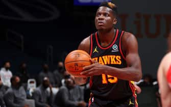 WASHINGTON, DC - JANUARY 29: Clint Capela #15 of the Atlanta Hawks shoots a free throw during the game against the Washington Wizards on January 29, 2021 at Capital One Arena in Washington, DC. NOTE TO USER: User expressly acknowledges and agrees that, by downloading and or using this Photograph, user is consenting to the terms and conditions of the Getty Images License Agreement. Mandatory Copyright Notice: Copyright 2021 NBAE (Photo by Ned Dishman/NBAE via Getty Images)