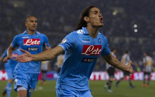 Forward of Napoli, Edinson Cavani, jubilates after scoring by penalty the goal during the Italy Cup Final soccer match SSC Napoli vs Juventus FC at the Olimpico stadium in Rome, Italy, 20 May 2012.
ANSA/CLAUDIO PERI