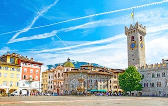 Trento, Trentino, Italy, Piazza Duomo main square, with frescoed Renaissance buildings and the Late Baroque Fountain of Neptune