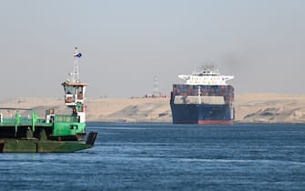 ISMAILIA, EGYPT - JANUARY 10: A ship transits the Suez Canal towards the Red Sea on January 10, 2024 in Ismailia, Egypt. In the wake of Israel's war on Gaza after the October 7 Hamas attack on Israel, Houthi rebels in Yemen pledged disruption on all ships destined for Israel through the Red Sea's Suez Canal. The disruption on world trade is evident in the number of companies using this container ship route - a 90 per cent decline compared to figures one year ago. (Photo by Sayed Hassan/Getty Images)