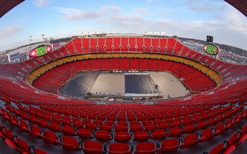KANSAS CITY, MO - JANUARY 13: A high view of Arrowhead Stadium as the tarp is still on the field before a frigid AFC Wild Card playoff game between the Miami Dolphins and Kansas City Chiefs on Jan 13, 2024 in Kansas City, MO. (Photo by Scott Winters/Icon Sportswire)