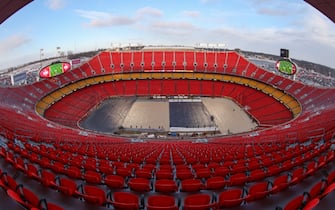 KANSAS CITY, MO - JANUARY 13: A high view of Arrowhead Stadium as the tarp is still on the field before a frigid AFC Wild Card playoff game between the Miami Dolphins and Kansas City Chiefs on Jan 13, 2024 in Kansas City, MO. (Photo by Scott Winters/Icon Sportswire)