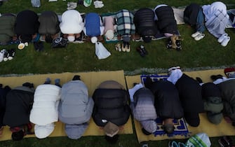 People attend Eid prayers at Small Heath Park in Birmingham as the holy month of Ramadan comes to an end and Muslims celebrate Eid al-Fitr. Picture date: Sunday March 30, 2025. (Photo by Jacob King/PA Images via Getty Images)