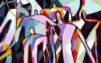 Colorful abstract art print cubism art style, Abstract People with primary color. For print and wall art. Cubist and Mondrian style.