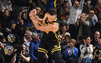 SAN FRANCISCO, CA - MARCH 6:  Stephen Curry #30 of the Golden State Warriors reacts during the game against the Milwaukee Bucks on MARCH 6, 2024 at Chase Center in San Francisco, California. NOTE TO USER: User expressly acknowledges and agrees that, by downloading and or using this photograph, user is consenting to the terms and conditions of Getty Images License Agreement. Mandatory Copyright Notice: Copyright 2024 NBAE (Photo by Noah Graham/NBAE via Getty Images)