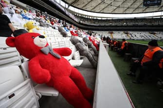 ISTANBUL, TURKIYE - FEBRUARY 26: Teddy bears and toys, which will be thrown on the field to be sent to the earthquake zone, are placed on the seats of the Vodafone Park Stadium prior to the Turkish Super Lig soccer match between Besiktas and Fraport TAV Antalyaspor, in Istanbul, Turkiye on February 26, 2023. On Feb.6 a strong 7.7 earthquake, centered in the Pazarcik district, jolted Kahramanmaras and strongly shook several provinces, including Gaziantep, Sanliurfa, Diyarbakir, Adana, Adiyaman, Malatya, Osmaniye, Hatay, and Kilis. On the same day at 1.24 p.m. (1024GMT), a 7.6 magnitude quake centered in Kahramanmaras' Elbistan district struck the region. (Photo by Ali Atmaca/Anadolu Agency via Getty Images)