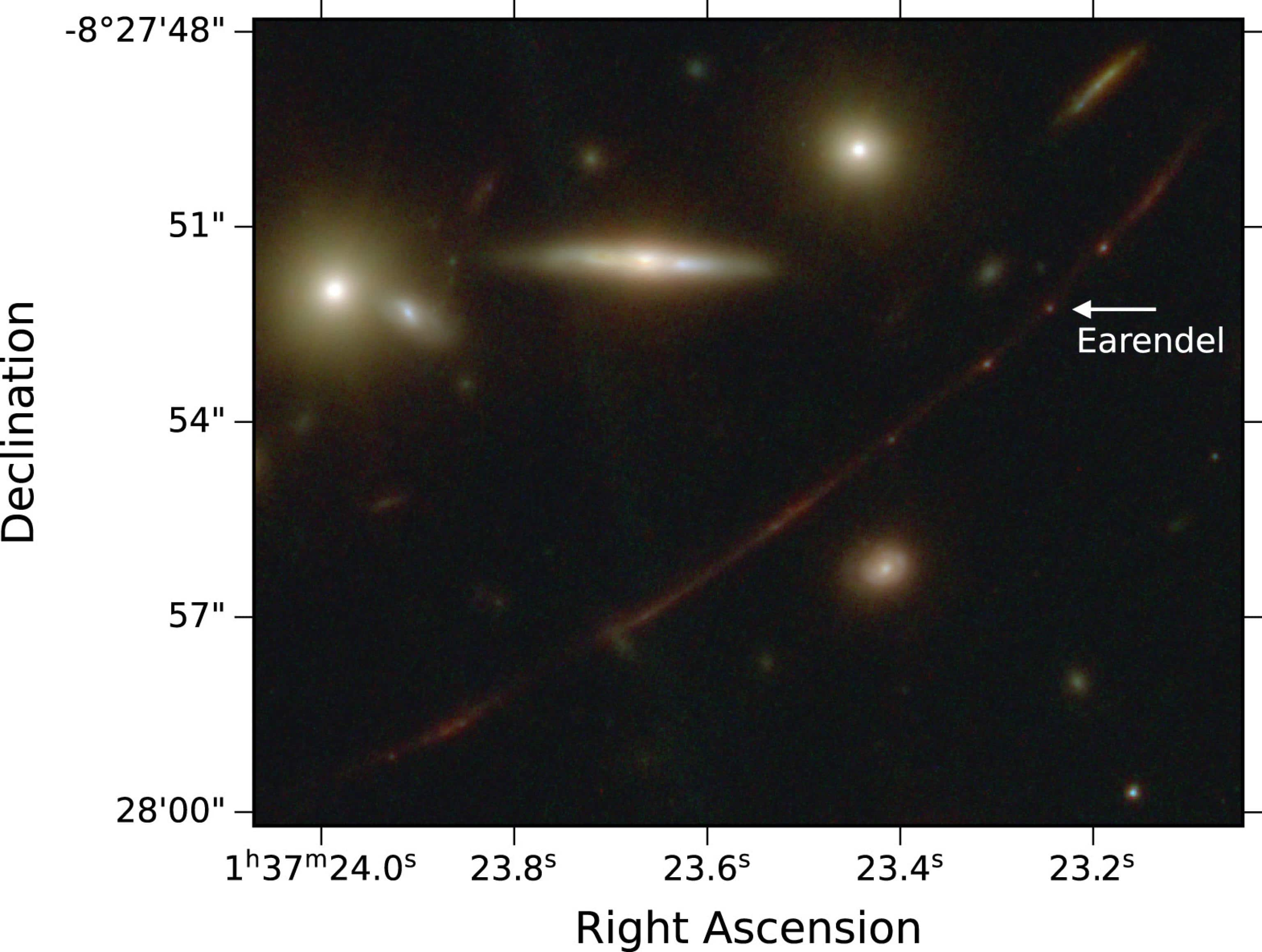 JWST NIRCam image of the z ~ 6.2 Sunrise Arc, including the lensed star Earendel, marked with an arrow. This 15farcs2 × 12farcs4 color image combines all eight NIRCam images on a 0farcs02 pixel scale.
ANSA/THE ASTROPHYSICAL JOURNAL LETTERS
+++ ANSA PROVIDES ACCESS TO THIS HANDOUT PHOTO TO BE USED SOLELY TO ILLUSTRATE NEWS REPORTING OR COMMENTARY ON THE FACTS OR EVENTS DEPICTED IN THIS IMAGE; NO ARCHIVING; NO LICENSING +++