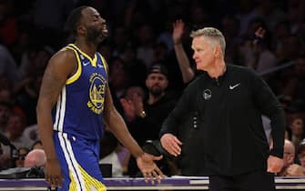 LOS ANGELES, CALIFORNIA - MAY 12: Draymond Green #23 of the Golden State Warriors high fives head coach Steve Kerr during the fourth quarter against the Los Angeles Lakers in game six of the Western Conference Semifinal Playoffs at Crypto.com Arena on May 12, 2023 in Los Angeles, California. NOTE TO USER: User expressly acknowledges and agrees that, by downloading and or using this photograph, User is consenting to the terms and conditions of the Getty Images License Agreement. (Photo by Harry How/Getty Images)