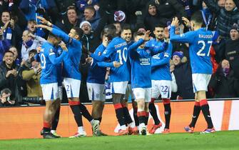 epa11773788 Rangers' Hamza Igamane (L), celebrates scoring his goal during the UEFA Europa League match between Rangers FC and Tottenham Hotspur, in Glasgow, Britain, 12 December 2024.  EPA/ROBERT PERRY