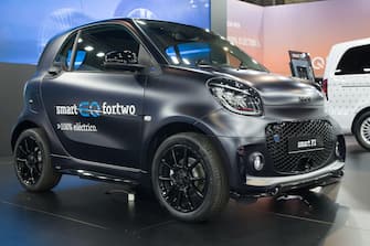 Barcelona, Spain - October 7, 2021: Smart EQ Fortwo showcased at Automobile Barcelona 2021 in Barcelona, Spain.