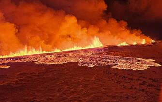 epa11036648 A handout picture provided by Iceland Civil Defense shows a volcanic eruption north of Grindavik, Iceland, 18 December 2023. The Icelandic Meteorological and Seismological Office (MET) reported late 18 December that a volcano erupted about 4 kilometers northeast of the town of Grindavik. An evacuation order for the population of Grindavik was issued early this year on 10 November 2023 following seismic activity and indications of considerable magma movement in the area.  EPA/Iceland Civil Defense (almannavarnadeild) / HANDOUT  HANDOUT EDITORIAL USE ONLY/NO SALES HANDOUT EDITORIAL USE ONLY/NO SALES