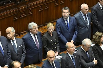 Italian Interior Minister Matteo Piantedosi,  Italy's Minister of Foreign Affairs Antonio Tajani, Italy's Prime Minister Giorgia Meloni , Italian Minister of Infrastructure and Transport Matteo Salvini  and  Italian Justice Minister Carlo Nordio  during the secular State Funeral for the President Emeritus Giorgio Napolitano, in the Chamber of Montecitorio in Rome, Italy, 26 September 2023.  Italy on Tuesday mourns Giorgio Napolitano, the nation's first two-time president who died aged 98 in Rome on Friday, with a non-religious State funeral in the Lower House. 
 ANSA/ALESSANDRO DI MEO