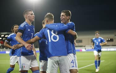 Francesco Pio Esposito of Italy  celebrates with team the goal during Italy U21  vs Norway U21, 3Â° match of European Qualifiers 2025 group A, game at GNerone Claudio Druso in Bolzano - Bolzen (BZ), Italy, on October 17, 2023.