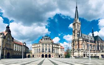 Historical Saint Peter’s church and the historical opera house at the center of Chemnitz city. The photo was taken on may 2022 at the square near to the opera house. The Saint Peter’s church is one of the famous church in saxony. Chemnitz is the cultural capital of the European Union for 2025.