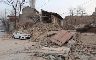 A view of houses collapsed in the earthquake in Dahejia village of Jishishan county in northwest China's Gansu province Tuesday, Dec. 19, 2023. A magnitude-6.2 earthquake jolted the remote and mountainous county around midnight on Tuesday, killing at least 111 people and injuring more than 230, according to Chinese state media.  (Photo by FEATURECHINA/Newscom/Sipa USA)