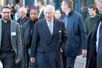 King Charles III visits the Ethiopian Church in Kings Cross, North London on the day his son Prince Harry the Duke of Sussex's Netflix series is relea