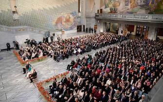 epa11768043 People attend the 2024 Nobel Peace Prize award ceremony at the Oslo City Hall, Norway, 10 December 2024. The Nobel Peace Prize 2024 will go to the The Japan Confederation of A- and H-Bomb Sufferers Organizations, known as Nihon Hidankyo, a grassroots movement of atomic bomb survivors from Hiroshima and Nagasaki that was formed in 1956.  EPA/JAVAD PARSA  NORWAY OUT