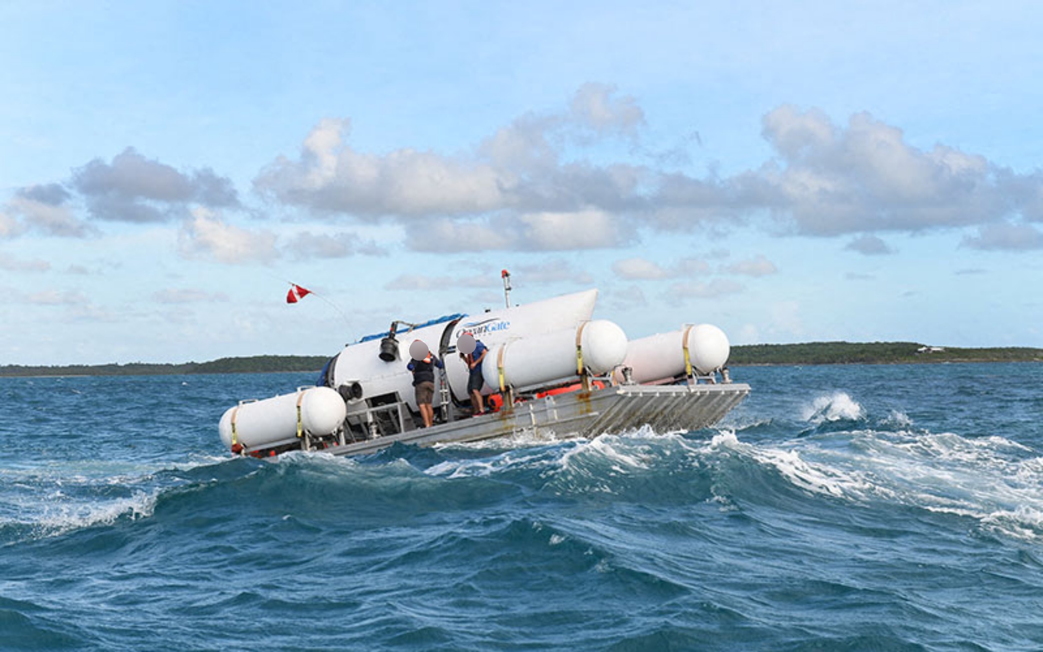 Undated handout photo shows Titan, the submersible that vanished on expedition to the Titanic wreckage. A massive search and rescue operation is under way in the mid Atlantic after a tourist submarine went missing during a dive to Titanic's wreck on Sunday. Contact with the small sub was lost about an hour and 45 minutes into its dive, the US Coast Guard said. Tour firm OceanGate said all options were being explored to rescue the five people onboard. Tickets cost $ 250,000 for an eight-day trip including dives to the wreck at a depth of 3,800m (12,500ft). Photo via ABACAPRESS.COM