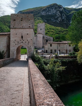 View of historic abbey of Saint Victor in the Marche region, Italy