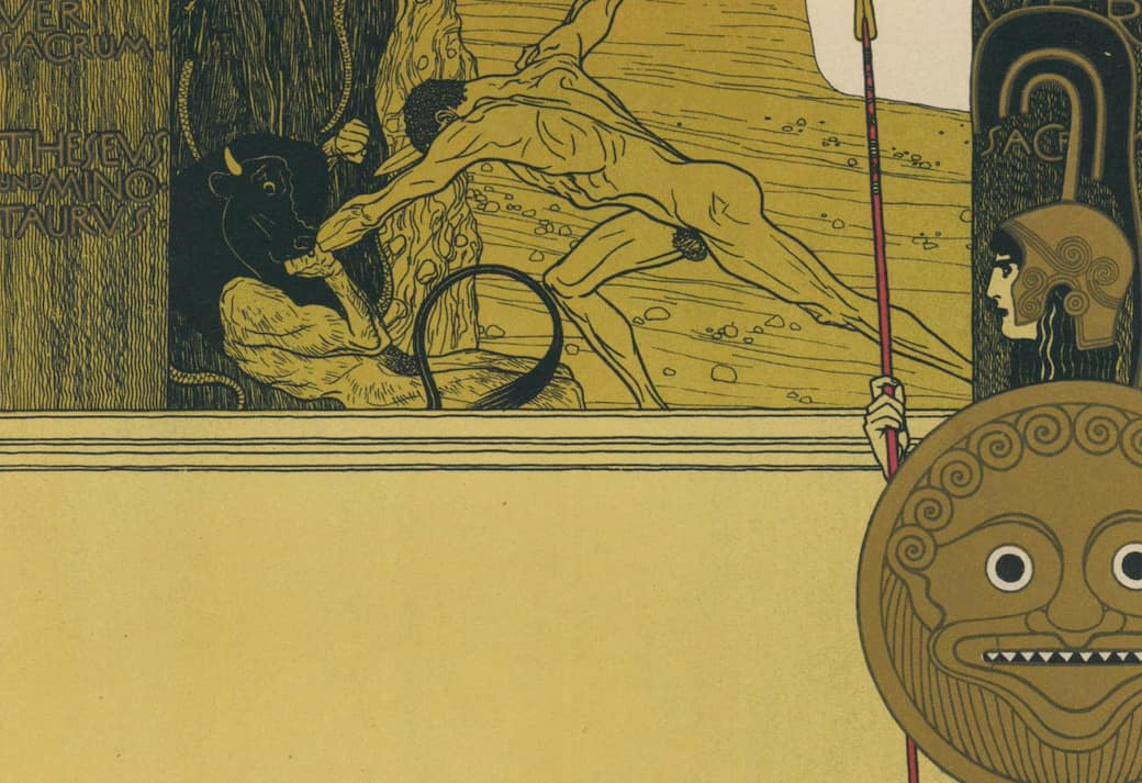 Gustav Klimt, manifesto per la I Mostra della Secessione, litografia a colori e oro, da Ottokar Mascha, Österreichische Plakatkunst, Wien, Kunstverlag J. Lowy, 1915. Collezione privata, Milano