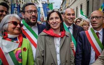Secretary of Italian party "Democratic Party" (Partito Democratico / PD), Elly Schlein (C), takes part in a rally to mark the 78th anniversary of the Liberation Day, in Milan, Italy, 25 April 2023. Italy celebrates Liberation Day on 25 April annually to mark the end of the country's Nazi occupation.
ANSA/MATTEO CORNER