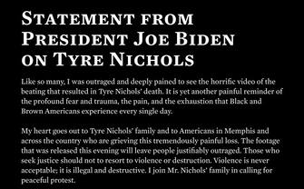Joe Biden ha espresso la sua vicinanza alla famiglia di Tyre Nichols, ventinovenne morto a Memphis dopo essere stato fermato da cinque agenti incriminati per omicidio di secondo grado