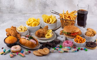 Assortment of unhealthy junk food. Burger, french fries, hot dog, snack and sweets