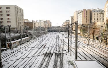 Snow-covered rail tracks leading to Gare du Nord train station during freezing temperatures in Paris, France, on Thursday, Jan. 18, 2024. Heavy snow and ice is gripping northern Europe, triggering further weather warnings as transport systems are disrupted. Photographer: Nathan Laine/Bloomberg via Getty Images