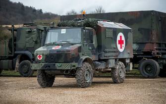 16 March 2024, Bavaria, Hohenfels: A Bundeswehr paramedic vehicle is on the training ground during the "Allied Spirit 24" military exercise. The action took place on the media day of the military exercise of the US Army together with the NATO allies with around 6500 participants. Photo: Daniel Vogl/dpa (Photo by Daniel Vogl/picture alliance via Getty Images)