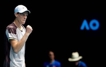 (240114) -- MELBOURNE, Jan. 14, 2024 (Xinhua) -- Jannik Sinner celebrates during the men's singles first round match between Jannik Sinner of Italy and Botic Van de Zandschulp of the Netherlands at the Australian Open tennis tournament in Melbourne, Australia, on Jan. 14, 2024. (Photo by Hu Jingchen/Xinhua) - Hu Jingchen -//CHINENOUVELLE_XxjpbeE007219_20240114_PEPFN0A001/Credit:CHINE NOUVELLE/SIPA/2401141047