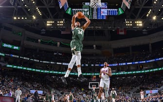 MILWAUKEE, WI - OCTOBER 26: Giannis Antetokounmpo #34 of the Milwaukee Bucks dunks the ball during the game against the Philadelphia 76ers on October 26, 2023 at the Fiserv Forum Center in Milwaukee, Wisconsin. NOTE TO USER: User expressly acknowledges and agrees that, by downloading and or using this Photograph, user is consenting to the terms and conditions of the Getty Images License Agreement. Mandatory Copyright Notice: Copyright 2023 NBAE (Photo by Jesse D. Garrabrant/NBAE via Getty Images).