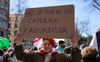 MADRID, SPAIN - MARCH 12: Several people march with banners against abortion at the rally 'Yes to Life' 2023, on 12 March, 2023 on March 12, on 12 March, 2023 2023, on 12 March, 2023 in Madrid, Spain. The Platform Yes to Life, made up of more than 500 organizations in defense of life from its beginning to its natural end, organizes annually, on the occasion of the celebration of the International Day of Life on March 25, the March Yes to Life with which this date is commemorated and which is attended by people from all over Spain. (Photo By Jesus Hellin/Europa Press via Getty Images)
