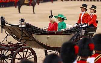 epa10696422 A handout photo made available by Britain's Ministry of Defence shows Queen Camilla and The Princess of Wales arriving by carriage at Horse Guards during the Trooping the Colour parade for King Charles III birthday, in London, Britain, 17 June 2023. The Trooping of the Colour traditionally marks the official birthday of the British Sovereign and features a parade of over 1,400 soldiers, 200 horses and 400 musicians.  EPA/Cpl Nathan Tanuku RLC/Ministry of Defence HANDOUT MANDATORY CREDIT HANDOUT EDITORIAL USE ONLY/NO SALES