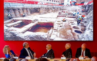 (L-R) Daniela Porro, Mayor of Rome Roberto Gualtieri, Minister of Culture Gennaro Sangiuliano, Monsignor Rino Fisichella, and CEO ANAS Aldo Isi, during the press conference on the archaeological findings within the construction site for the Jubilee 2025 in Piazza Pia, Castel Sant'Angelo, Rome 14 June 2024. ANSA/FABIO FRUSTACI