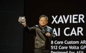 Nvidia CEO Jen-Hsun Huang at the CES Technology Expo in Las Vegas, USA, 04 January 2016. Nvidia announced a collaborative project with Audi to develop self-driving cars as well as a service for PC graphics. Photo: Andrej Sokolow//dpa