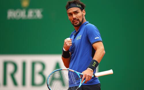 MONTE-CARLO, MONACO - APRIL 21:  Fabio Fognini of Italy celebrates a point against Dusan Lajovic of Serbia in the men's singles final during day eight of the Rolex Monte-Carlo Masters at Monte-Carlo Country Club on April 21, 2019 in Monte-Carlo, Monaco. (Photo by Clive Brunskill/Getty Images)
