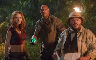 Karen Gillan, Dwayne Johnson and Jack Black star in JUMANJI: WELCOME TO THE JUNGLE.