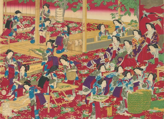 Chikanobu Yoshu, Yozan-goichiran-no-zu (Visita importante a un allevamento di bachi da seta), ottobre 1877 (Meiji 10), trittico di xilografie a colori. Collezione Museo d’Arte Orientale Mazzocchi, Coccaglio.