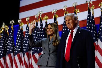 WEST PALM BEACH, FLORIDA - NOVEMBER 06: Republican presidential nominee, former U.S. President Donald Trump arrives to speak with former first lady Melania Trump during an election night event at the Palm Beach Convention Center on November 06, 2024 in West Palm Beach, Florida. Americans cast their ballots today in the presidential race between Republican nominee former President Donald Trump and Vice President Kamala Harris, as well as multiple state elections that will determine the balance of power in Congress.   Chip Somodevilla/Getty Images/AFP (Photo by CHIP SOMODEVILLA / GETTY IMAGES NORTH AMERICA / Getty Images via AFP)