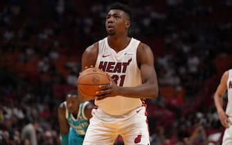 MIAMI, FL - OCTOBER 10: Thomas Bryant #31 of the Miami Heat prepares to shoot a free throw during the game against the Charlotte Hornets on October 10, 2023 at Kaseya Center in Miami, Florida. NOTE TO USER: User expressly acknowledges and agrees that, by downloading and or using this Photograph, user is consenting to the terms and conditions of the Getty Images License Agreement. Mandatory Copyright Notice: Copyright 2023 NBAE (Photo by Eric Espada/NBAE via Getty Images)