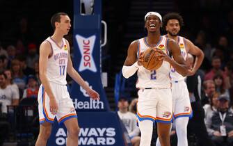 OKLAHOMA CITY, OK - FEBRUARY 28: Shai Gilgeous-Alexander #2 of the Oklahoma City Thunder celebrates during the game against the Sacramento Kings on February 28, 2022 at Paycom Arena in Oklahoma City, Oklahoma. NOTE TO USER: User expressly acknowledges and agrees that, by downloading and or using this photograph, User is consenting to the terms and conditions of the Getty Images License Agreement. Mandatory Copyright Notice: Copyright 2022 NBAE (Photo by Zach Beeker/NBAE via Getty Images)