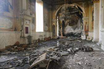 epaselect epa10763448 The internal view of the Transfiguration Cathedral damaged by a missile attack in the Odesa region, southern Ukraine, 23 July 2023. Odesa was attacked by 19 missiles of different classes early 23 July, with nine being shot down, according to a statement from the Ukraine Air Force. At least one person was killed in the attack and 22 were injured, including four children, the State Emergency Service reported. Russia, which began its full-scale invasion of Ukraine in February 2022, has recently pulled out of a UN-Turkey brokered agreement guaranteeing safe passage to Ukrainian grain exports through the Black Sea and started the mass shelling of Odesa city, granaries, agricultural enterprises and sea ports.  EPA/IGOR TKACHENKO