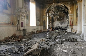 epaselect epa10763448 The internal view of the Transfiguration Cathedral damaged by a missile attack in the Odesa region, southern Ukraine, 23 July 2023. Odesa was attacked by 19 missiles of different classes early 23 July, with nine being shot down, according to a statement from the Ukraine Air Force. At least one person was killed in the attack and 22 were injured, including four children, the State Emergency Service reported. Russia, which began its full-scale invasion of Ukraine in February 2022, has recently pulled out of a UN-Turkey brokered agreement guaranteeing safe passage to Ukrainian grain exports through the Black Sea and started the mass shelling of Odesa city, granaries, agricultural enterprises and sea ports.  EPA/IGOR TKACHENKO