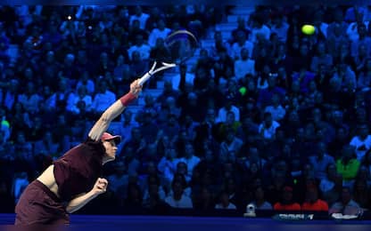 Jannik Sinner of Italy in action during the men's singles Round Robin match against  Felix Eugene Aliassime of Canada at the ATP Finals in Turin, Italy, 10 November 2025. ANSA/Alessandro Di Marco
