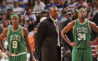 ORLANDO - MAY 10: Rajon Rondo #9, head coach Doc Rivers and Paul Pierce #34 of the Boston Celtics during a break in play against the Orlando Magic in Game Four of the Eastern Conference Semifinals during the 2009 NBA Playoffs at Amway Arena on May 10, 2009 in Orlando, Florida. NOTE TO USER: User expressly acknowledges and agrees that, by downloading and or using this photograph, User is consenting to the terms and conditions of the Getty Images License Agreement. Mandatory Copyright Notice: Copyright 2009 NBAE (Photo by Fernando Medina/NBAE via Getty Images)