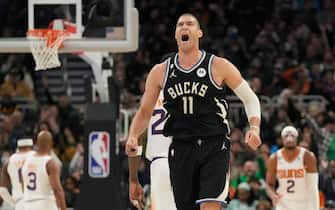 MILWAUKEE, WISCONSIN - FEBRUARY 26: Brook Lopez #11 of the Milwaukee Bucks celebrates after making a basket against the Phoenix Suns in the first half of the game at Fiserv Forum on February 26, 2023 in Milwaukee, Wisconsin. NOTE TO USER: User expressly acknowledges and agrees that, by downloading and or using this photograph, user is consenting to the terms and conditions of the Getty Images License Agreement. (Photo by Patrick McDermott/Getty Images)