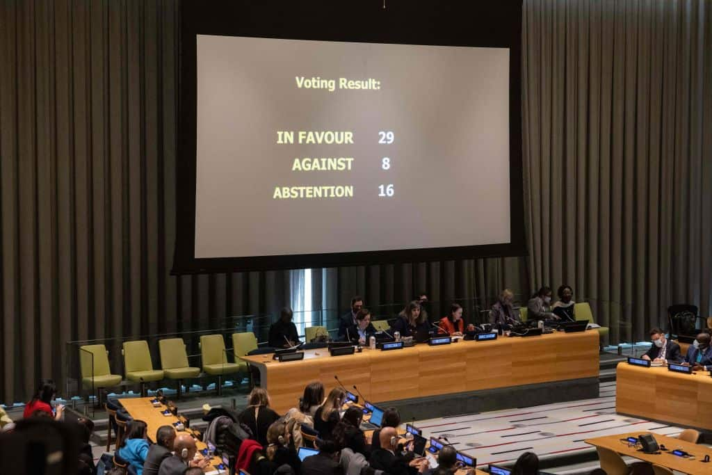 Member countries vote on the removal of Iran from membership in the Commission on the Status of Women during the 5th plenary meeting of the Economic and Social Council at the United Nations headquarters in New York City on December 14, 2022. - The UN voted to remove Iran from a women's rights body over Tehran's brutal crackdown of women-led protests. Twenty-nine members of the UN Economic and Social Council voted to expel the Islamic republic from the UN Commission on the Status of Women. (Photo by Yuki IWAMURA / AFP) (Photo by YUKI IWAMURA/AFP via Getty Images)