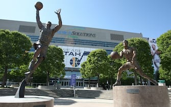 SALT LAKE CITY, UT - MAY 7:  Statues of former Utah Jazz players Karl Malone and John Stockton sit on display before the team faces the San Antonio Spurs in Game Four of the Western Conference Quarterfinals during the 2012 NBA Playoffs at Energy Solutions Arena on May 7, 2012 in Salt Lake City, Utah. NOTE TO USER: User expressly acknowledges and agrees that, by downloading and or using this Photograph, User is consenting to the terms and conditions of the Getty Images License Agreement. Mandatory Copyright Notice: Copyright 2012 NBAE (Photo by Melissa Majchrzak/NBAE via Getty Images)
